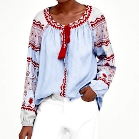 Zara Tops - Zara embroidered peasant blouse XS